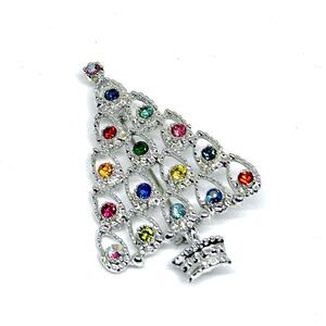 Vintage Christmas Tree Brooch Multicolored Rhinestone Silver Tone 2"